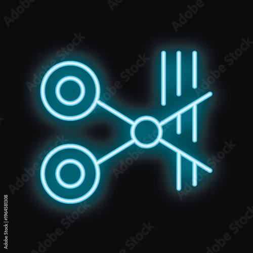 Blue neon icon of scissors cutting a connection is isolated on a black background