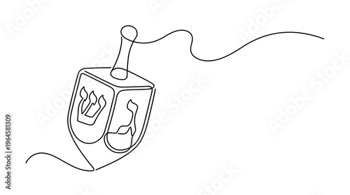 Minimalist single line drawing of a dreidel spinning with a trailing string, symbolizing Hanukkah celebration and Jewish tradition