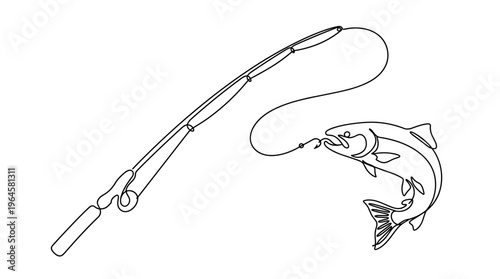 Continuous line drawing of a salmon fish caught on a fishing hook attached to a fishing rod and line, representing the sport of angling and outdoor recreation