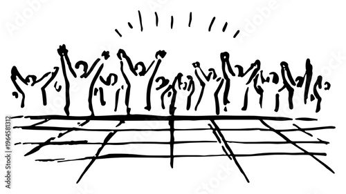 People with arms raised celebrating together on a floor grid in simple doodle style