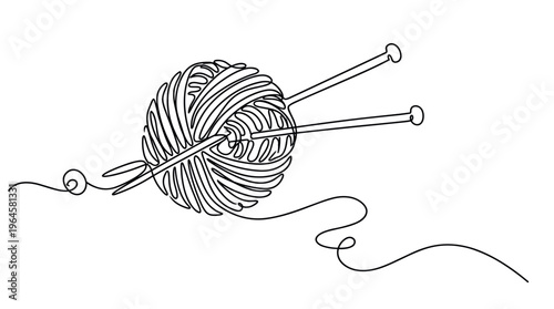 Continuous line drawing of a ball of yarn and knitting needles, symbolizing creativity and handmade crafts