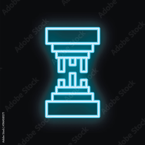 Blue glowing neon sign of a hydraulic press machine crushing an object