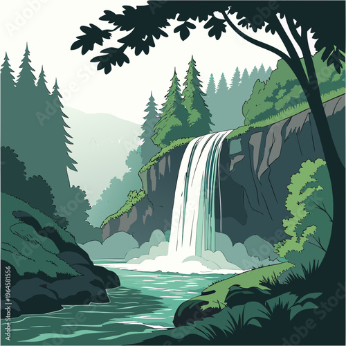 A serene waterfall cascading down a rocky cliff surrounded by lush greenery and trees in a forest landscape