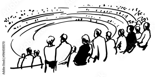Fans watching sports game in stadium stands from behind in hand drawn ink sketch style