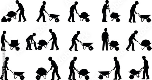 Worker, silhouette, set, construction, industrial, repair, tool, woman, man, professional, engineering, maintenance, builder, service, isolated, vector, black, hardhat, contractor, icon.