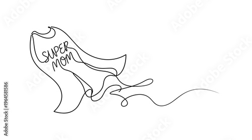 Minimalist continuous line drawing of a superhero cape with Super Mom text symbolizing maternal strength and love, a powerful and inspiring concept for mothers day and family appreciation