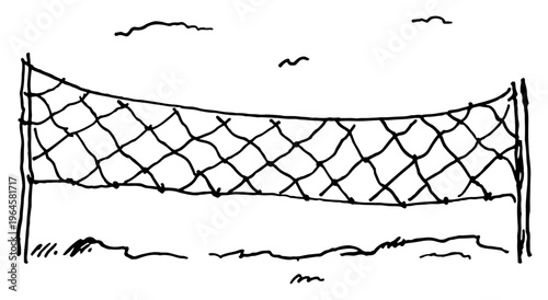 Volleyball net outdoors on beach or field with birds flying above line art sketch