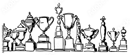 Collection of winner trophies and sports awards in various sizes and shapes line drawing