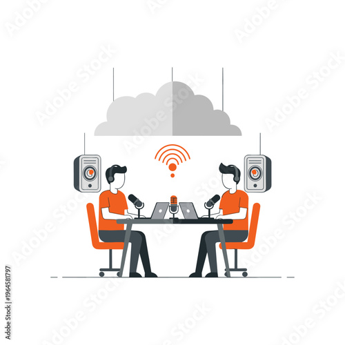 Two male hosts recording podcast in studio with speakers and cloud broadcasting.