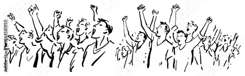 Crowd of cheering sports fans with raised arms line art style