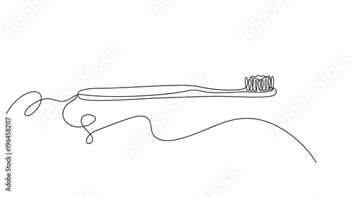 Minimalist continuous line drawing of a toothbrush with toothpaste on its bristles and a flowing line representing hygiene and dental care