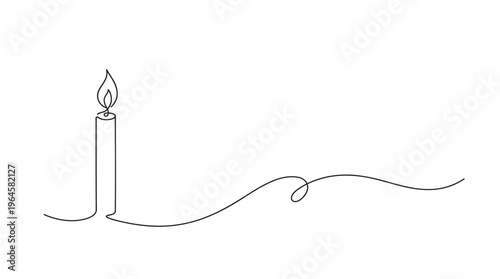 Single continuous line drawing of a lit candle with a long flowing flame and a trailing smoke wisp on a white background, representing hope and remembrance.