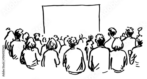 Audience sitting in rows and watching a large screen in simple line drawing style