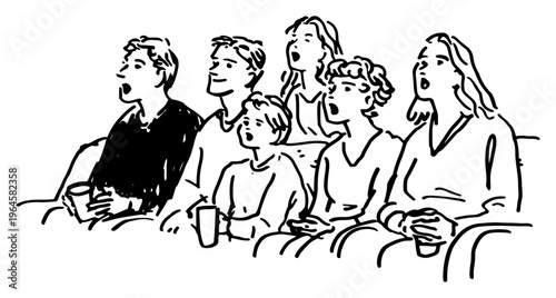 Audience watching movie in cinema with surprised expressions in hand drawn sketch style
