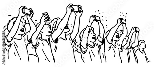 People holding up smartphones to record event in crowd minimalist line drawing