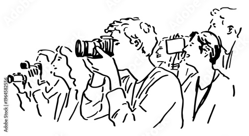 Photographers using professional cameras and smartphones in crowd profile view line art