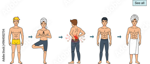 Man Body Transformation and Back Pain Recovery Process with Yoga Exercise Fitness Progress Sequence Vector Illustration for Health and Rehabilitation Concept