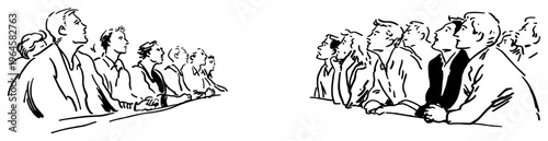 Curious people looking up and watching something with interest in minimalist black and white line art style