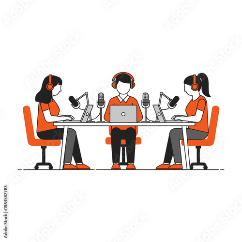 Podcast recording studio setup with three hosts talking into microphones.