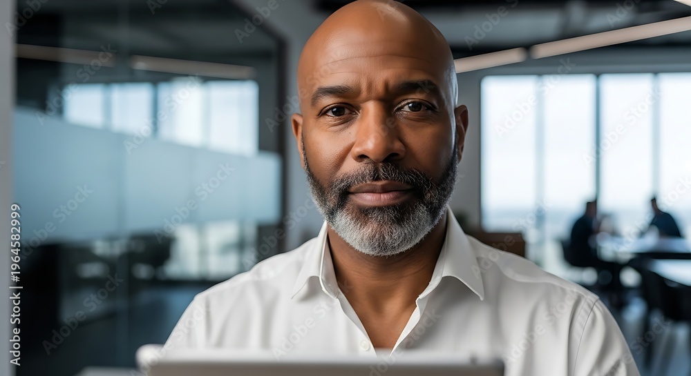 Obraz premium Confident mature african american professional man holding digital tablet in modern glass office environment setting