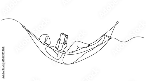 Continuous line drawing of a person relaxing in a hammock reading a book, symbolizing leisure and peaceful escape