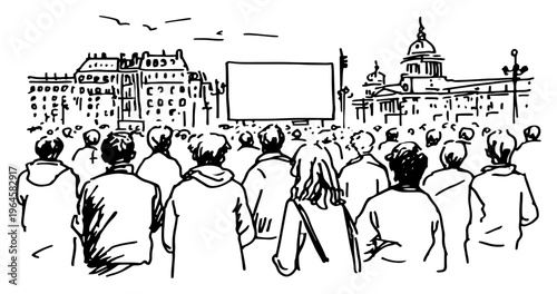 Audience watching outdoor cinema screen in city square at night in hand drawn ink sketch style