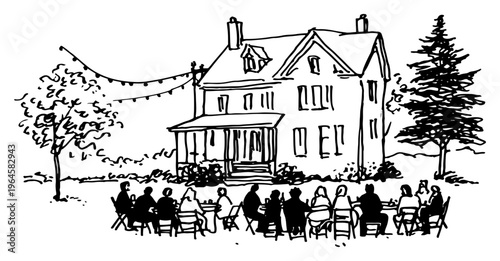 People attending outdoor event or garden party in front of house with string lights in hand drawn sketch style