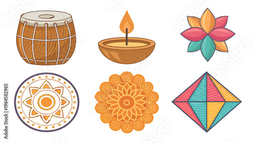 Indian Festival Icon Set with Tabla Drum, Diya Oil Lamp, Rangoli Mandala Designs, and Lotus Flower for Diwali or Hindu Celebration