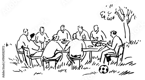 Friends sitting at outdoor table during garden party with soccer ball nearby in hand drawn sketch style