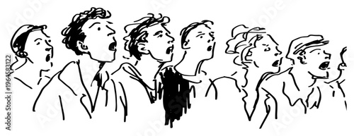 Crowd of people with open mouths looking up in surprise or wonder expressive line art