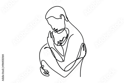 Minimalist line drawing of a parent embracing a baby tenderly