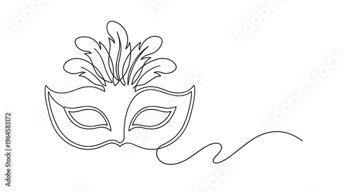 Elegant single line drawing of a masquerade mask with feathers and flowing ribbon, symbolizing mystery and celebration
