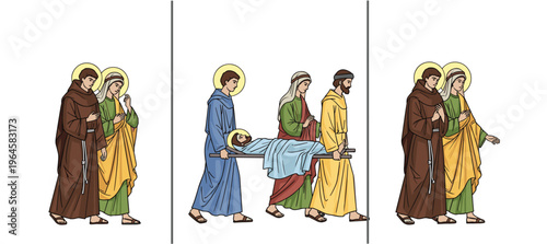 Christian Religious Scenes Set with Saints Carrying Jesus and Biblical Characters Walking Sacred Story Vector Illustration for Church and Holy Week Design