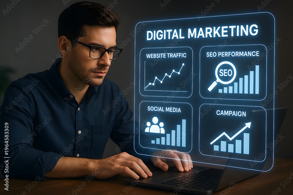 Fototapeta premium Digital Marketing Dashboard with SEO Traffic and Campaign Analytics on Laptop