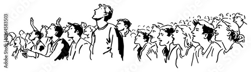 People in a crowd looking up towards the sky in minimalist line art sketch style