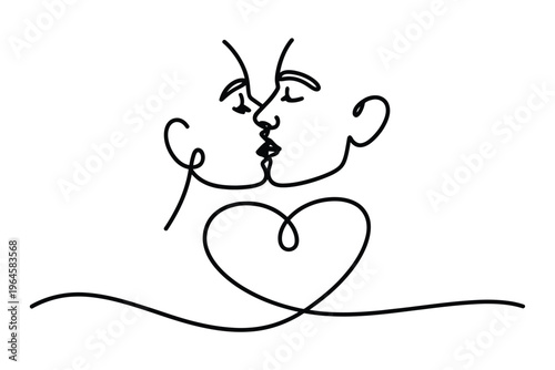 Minimalist line art depicts a couple kissing with a heart shape