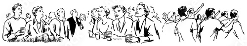 People standing in long queue at bar or event in minimalist hand drawn sketch style