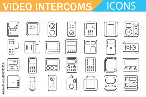 Smart home video intercom system icons door phone access control communication vector outline