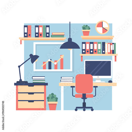 A flat design panel with a peach background and blue lines, conveying a sense of modernity and simplicity.