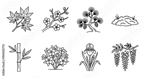 Japanese garden plant icons set with maple bamboo cherry blossom iris wisteria and pine tree branch