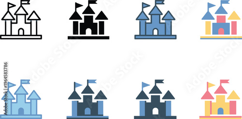 Castle icons set, fairy tale fortress symbols collection, medieval fantasy buildings, kingdom architecture vector illustration pack