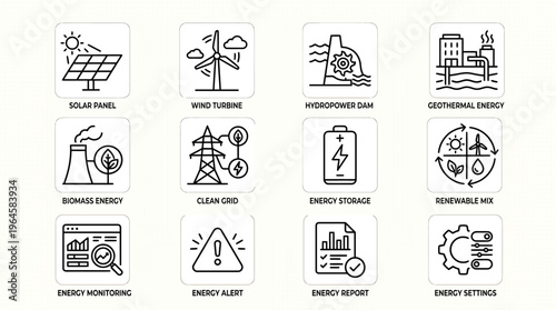 Set of modern line icons illustrating sustainable energy concepts including renewable power generation, efficient storage, smart grid management, and environmental monitoring systems