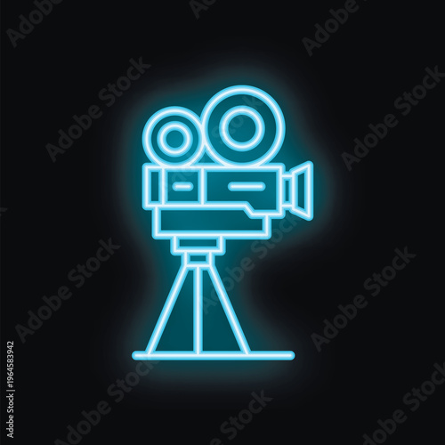 Blue neon sign of a retro cinema camera on a tripod is shining on a black background