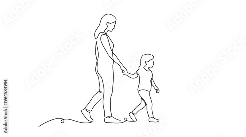 Mother and child walking hand in hand, minimalist continuous line drawing, representing family love, togetherness, and childhood innocence