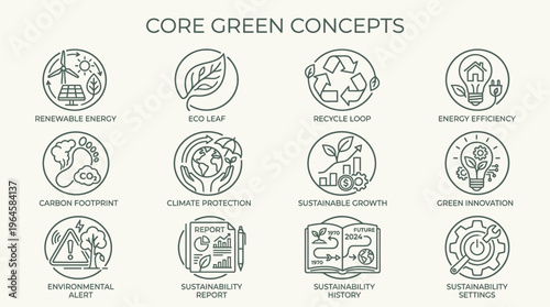 Modern collection of linear vector icons showcasing essential green living concepts, ecological principles, and global sustainability initiatives for a better future