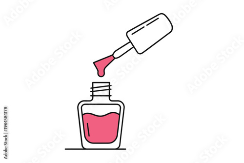 Pink nail polish being poured from a bottle with a brush applicator