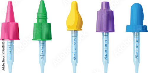 Set of colorful plastic dropper caps with measurement pipettes isolated on white background laboratory medical vector illustration collection