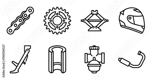 Motorcycle parts and accessories line icon set including chain gear jack and helmet