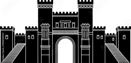 Babylon city silhouette featuring Ishtar Gate with decorative towers and archway, ancient Mesopotamian architecture.