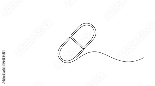 Minimalist single line drawing of a pharmaceutical capsule with a flowing line representing medication or health concept